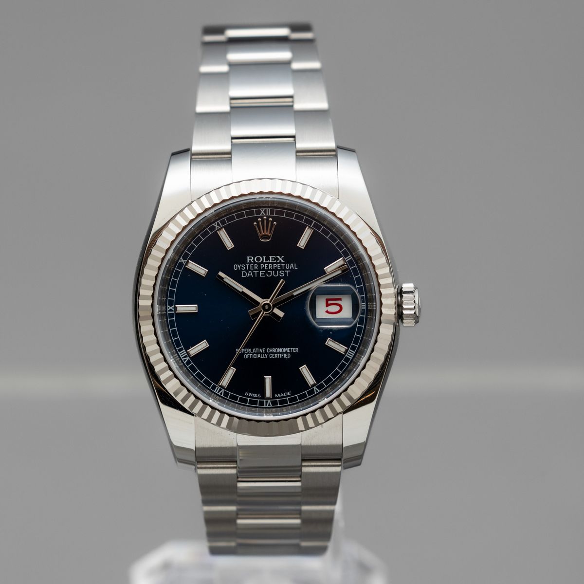 Rolex - Datejust 36 MM, Ref 116234 in Acciaio con Ghiera Zigrinata in Oro Bianco, Quadrante Blu S...
