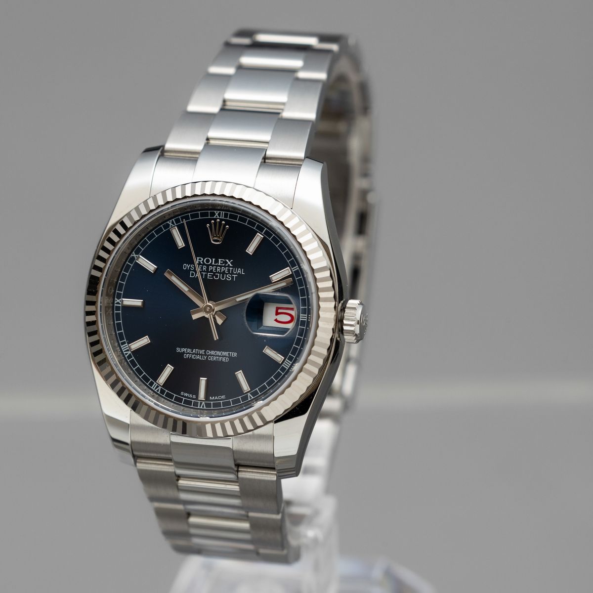 Rolex - Datejust 36 MM, Ref 116234 in Acciaio con Ghiera Zigrinata in Oro Bianco, Quadrante Blu S...
