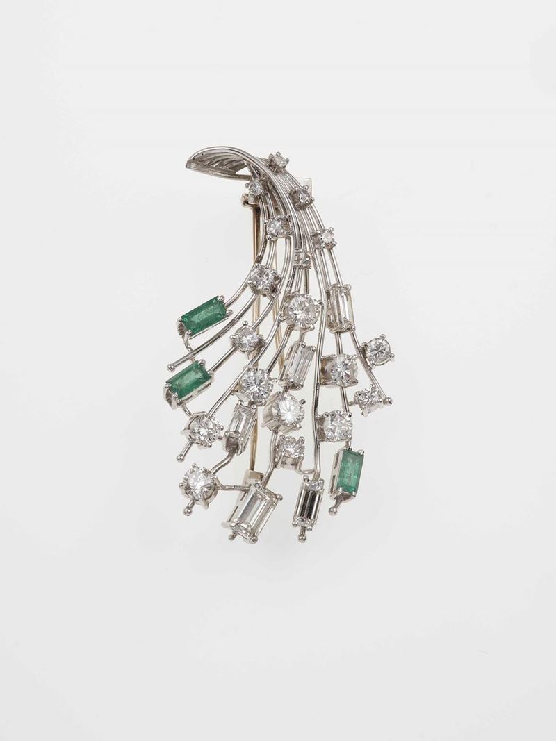 Diamond, emerald and platinum brooch  - Auction Fine Jewels - Cambi Casa d'Aste