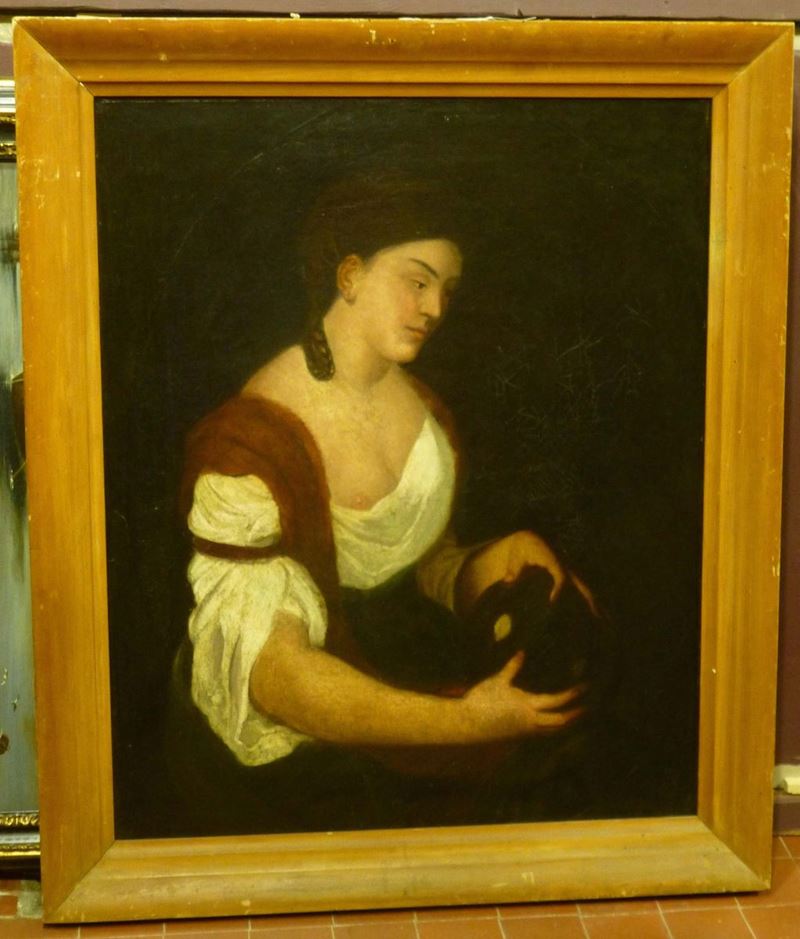 Anonimo del XIX secolo Ritratto femminile con sfera  - Auction Paintings online auction - Cambi Casa d'Aste