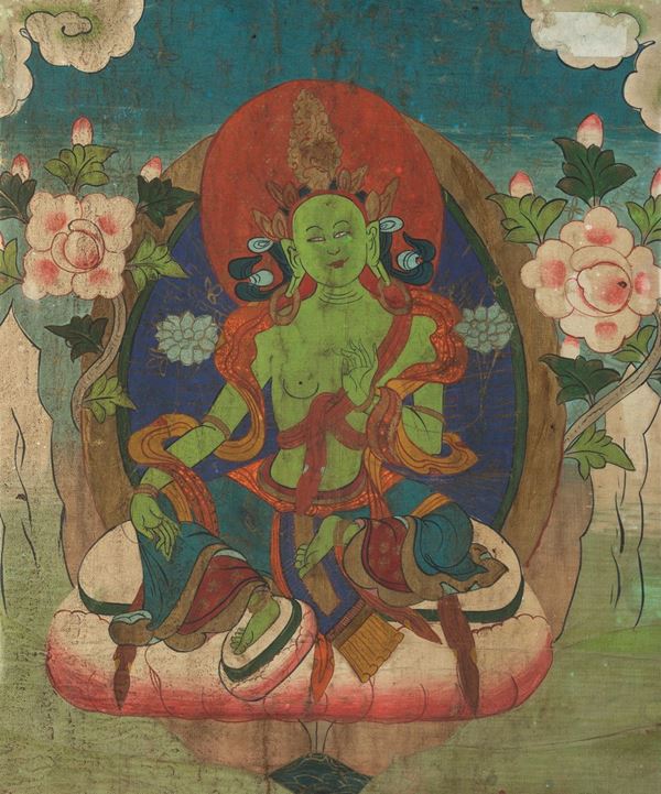 Thangka su seta raffigurante Buddha entro aura, Tibet, XIX secolo