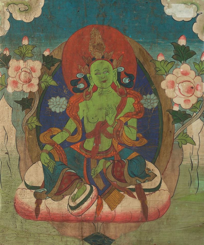 Thangka su seta raffigurante Buddha entro aura, Tibet, XIX secolo  - Asta Fine Chinese Works of Art - I - Cambi Casa d'Aste