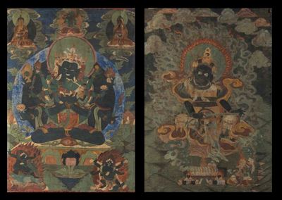 Due Thangka su Seta con Figure Centrali di Divinità, Tibet, XIX Secolo