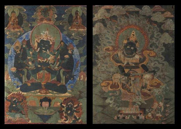 Due Thangka su seta con figure centrali di divinità, Tibet, XIX secolo