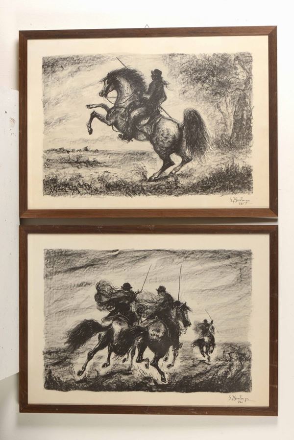 Sei litografie raffiguranti cavalieri e firmate Giovan Battista Gonzaga