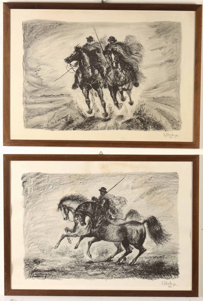Sei Litografie Raffiguranti Cavalieri e Firmate Giovan Battista Gonzaga