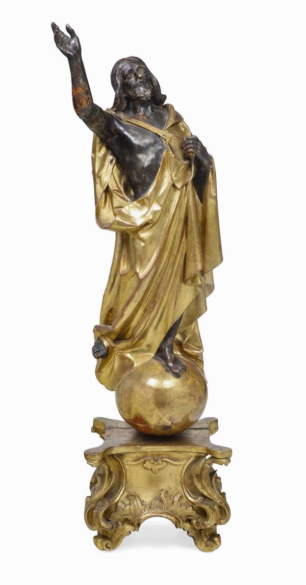 Salvator Mundi. Legno scolpito, dorato e argentato. Arte barocca. Italia o Austria XVIII secolo