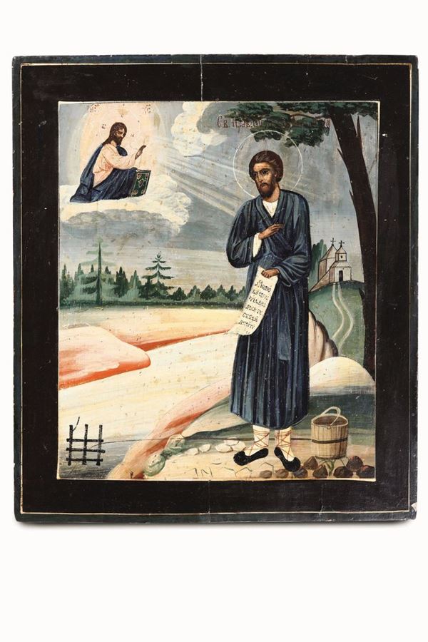 Icona tempera su tavola. Arte russa del XIX secolo San Simeone di Verhotur