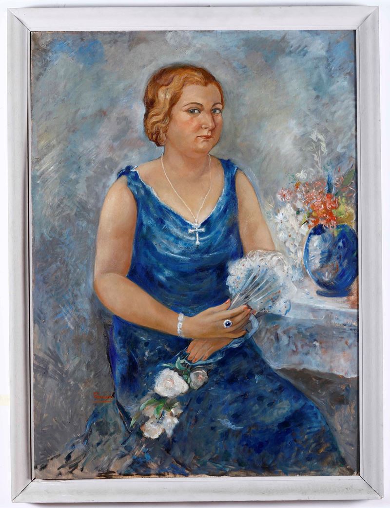 Alfredo Ubaldo Gargani : Donna con vestito blu  - olio su compensato - Asta Dipinti del XIX e XX secolo | Cambi Time - Cambi Casa d'Aste