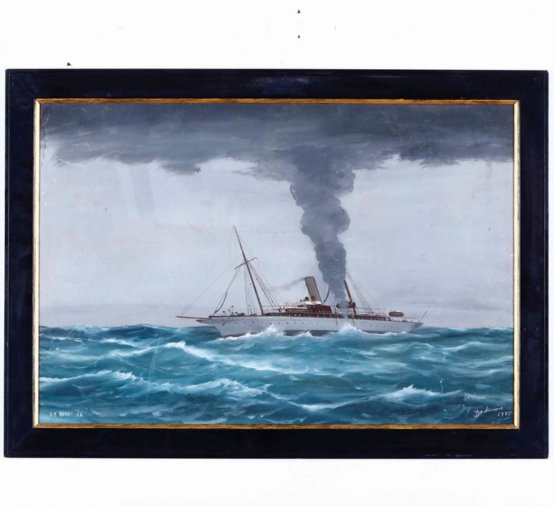 Antonio De Simone : Ritratto dello steam yacht Rovenska, 1905  - gouache su carta - Asta Arte Marinara e Strumenti Scientifici - Cambi Casa d'Aste