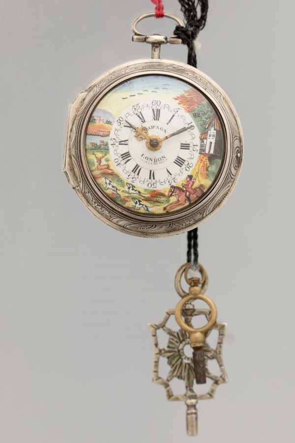 SAMSON LONDON - Orologio da tasca doppia cassa in argento con quadrante dipinto scappamento a verga con chiavette