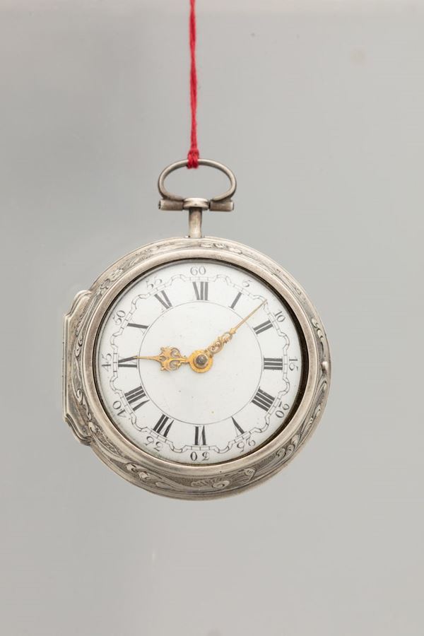 MARTINEAU A LONDON - Orologio da tasca con doppia cassa in argento, scappamento a verga e quadrante in smalto bianco