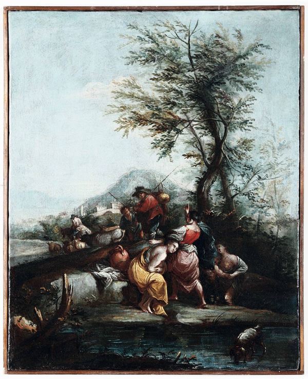 Scuola veneta del XVIII secolo Paesaggio con viandanti e fanciulle