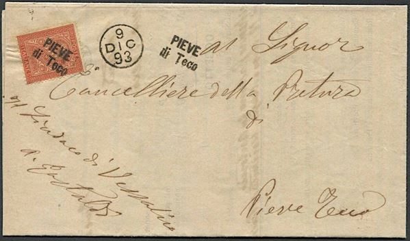 1893, Regno d'Italia, Collettorie, lettera in franchigia da Pieve di Teco (IM) per Vessalico del 5 nov. 1893.