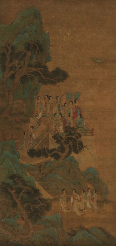 Dipinto su Seta Raffigurante Scena di Vita Comune con Fanciulle Entro Paesaggio, Cina, Dinastia Q...