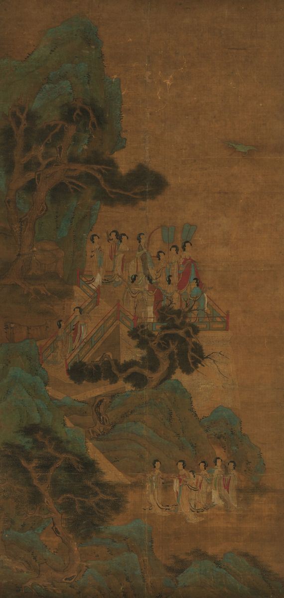 Dipinto su seta raffigurante scena di vita comune con fanciulle entro paesaggio, Cina, Dinastia Qing, XIX secolo