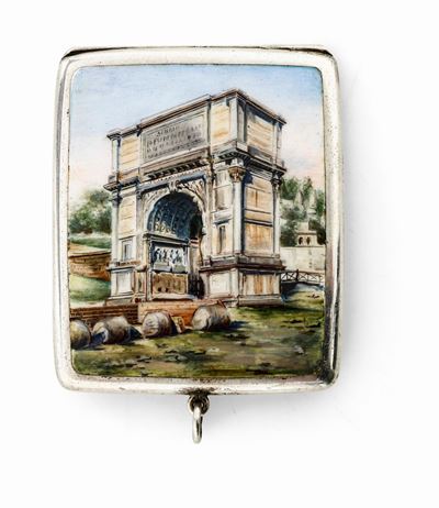 Porta Fiammiferi in Argento con Smalto Raffigurante L'arco di Tito da un Dipinto di Gustav Bauerf...