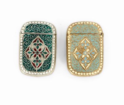 Due Porta Fiammiferi in Argento Sterling Dorato e Smaltato. Argentiere David Andersen. Oslo XX Se...