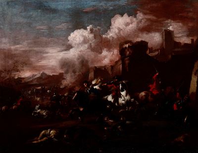 Scuola del XVIII secolo, Battaglia con cavalieri, olio su tela