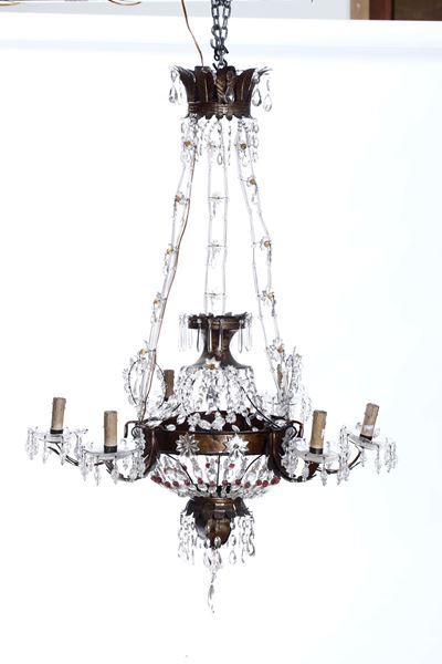 Lampadario Carlo X a Sei Luci in Metallo e Cristalli. XIX Secolo