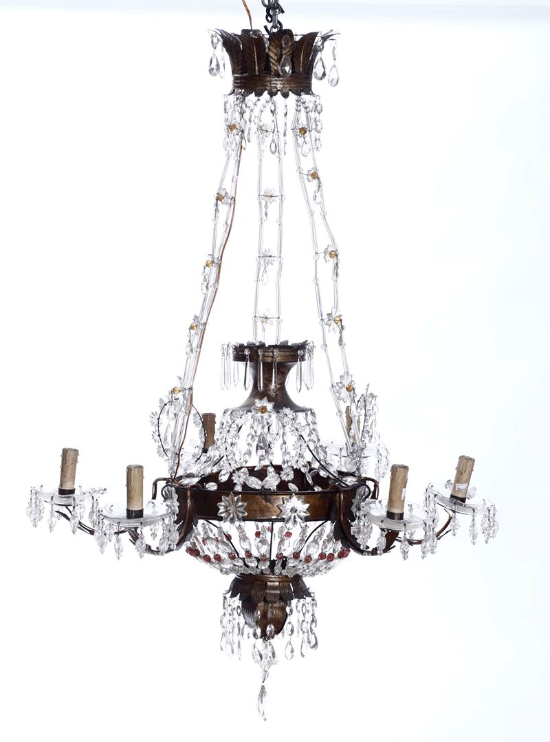 Lampadario Carlo X a sei luci in metallo e cristalli. XIX secolo  - Auction Antique February - Cambi Casa d'Aste