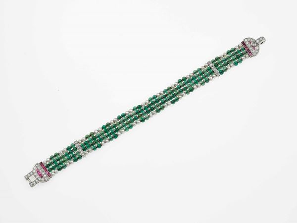 Emerald, ruby, diamond and platinum bracelet