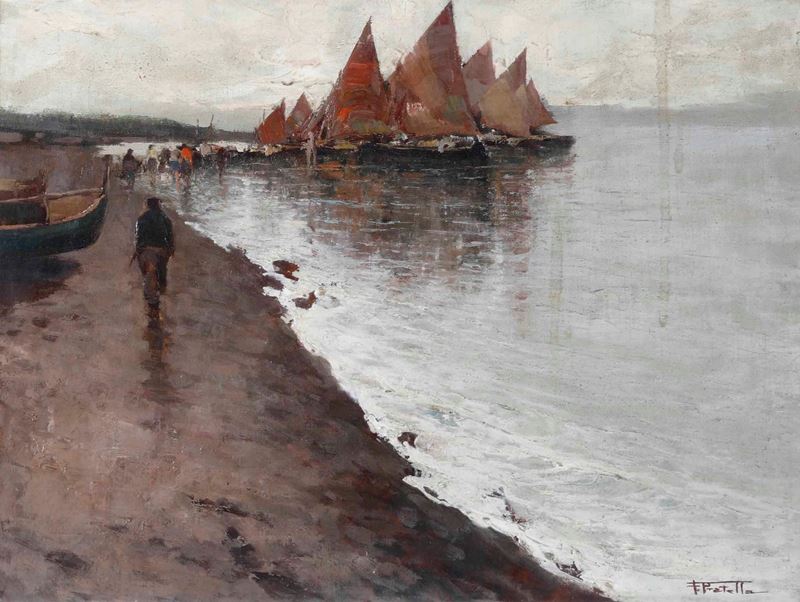 Fausto Pratella : Spiaggia con barche a vela  - Asta Dipinti del XIX e XX secolo - Cambi Casa d'Aste