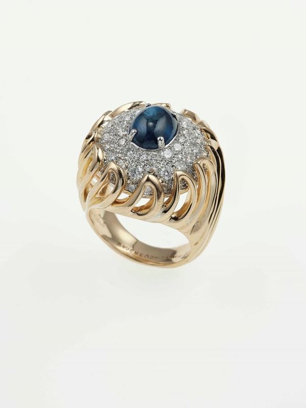 Sapphire, diamond, platinum and gold ring. Signed and numbered Boucheron Paris 2283