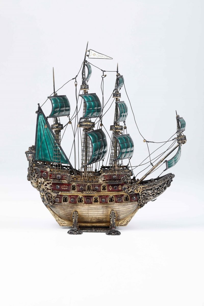 Veliero in Argento Fuso e Sbalzato, Smalti e Pietre Colorate, Argenteria Artistica del XX Secolo