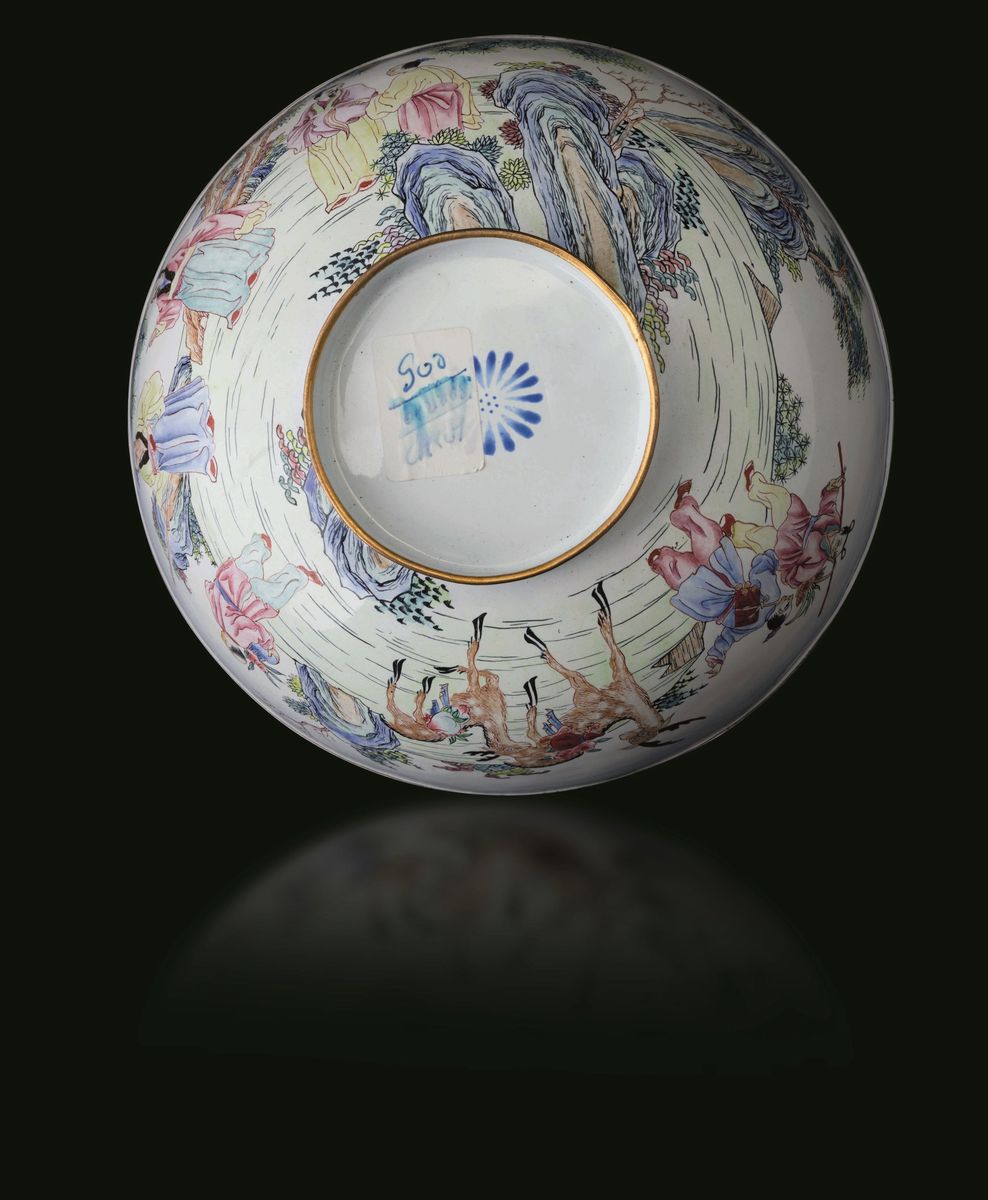 Ciotola in Smalto con Raffigurazione di Saggi Entro Paesaggio, Cina, Dinastia Qing, XIX Secolo