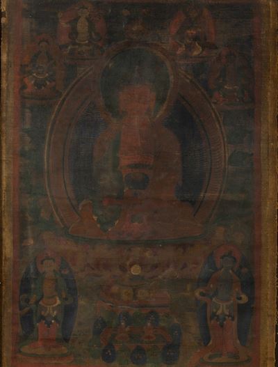 Thangka in Seta con Figura di Buddha Entro Aura e Altra Divinità, Tibet, XIX Secolo