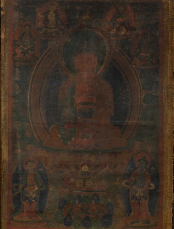 Thangka in seta con figura di Buddha entro aura e altra divinità, Tibet, XIX secolo