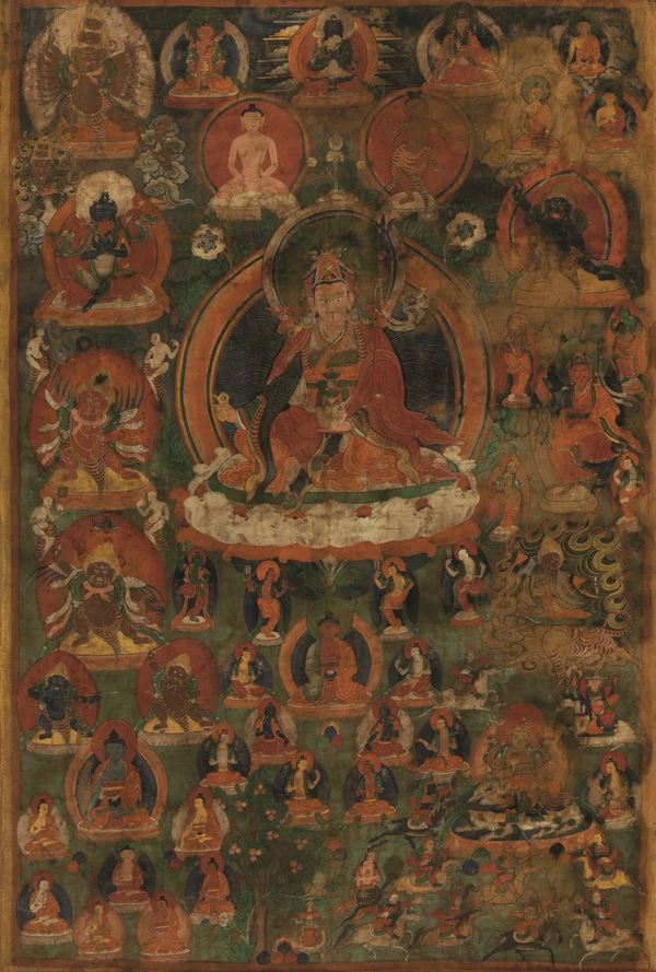 Thangka su seta con figura di Lama centrale e altre divinità, Tibet, XVIII secolo