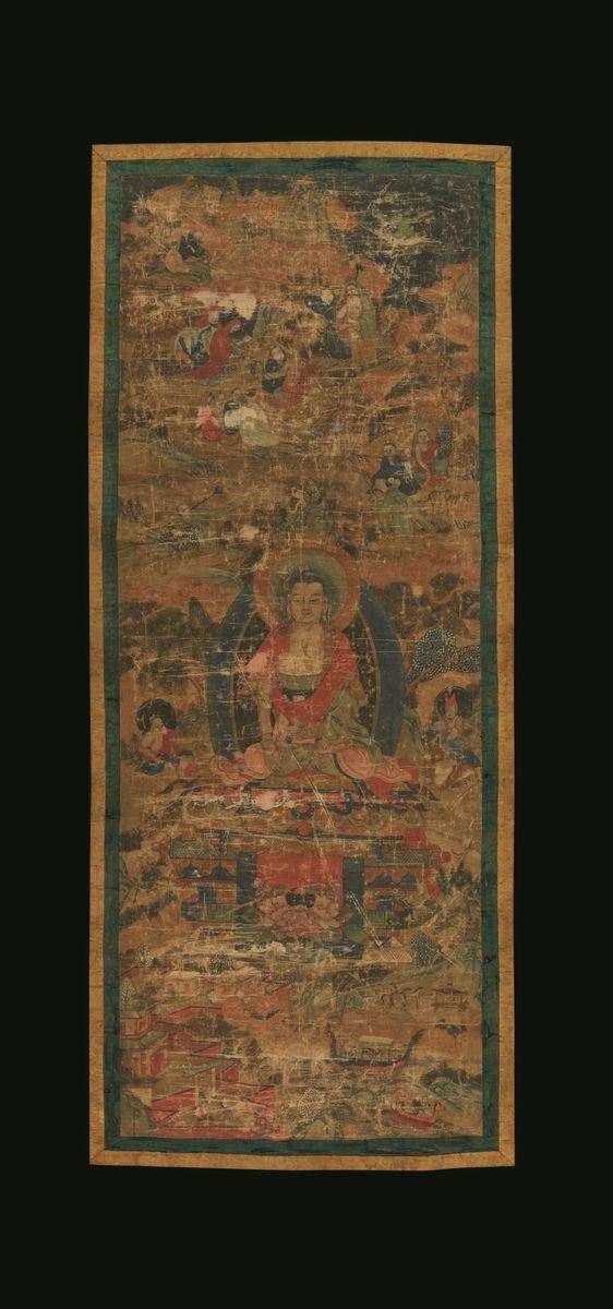 Thangka su seta con figura di Buddha Sakyamuni centrale e altre divinità, Tibet, XVIII secolo