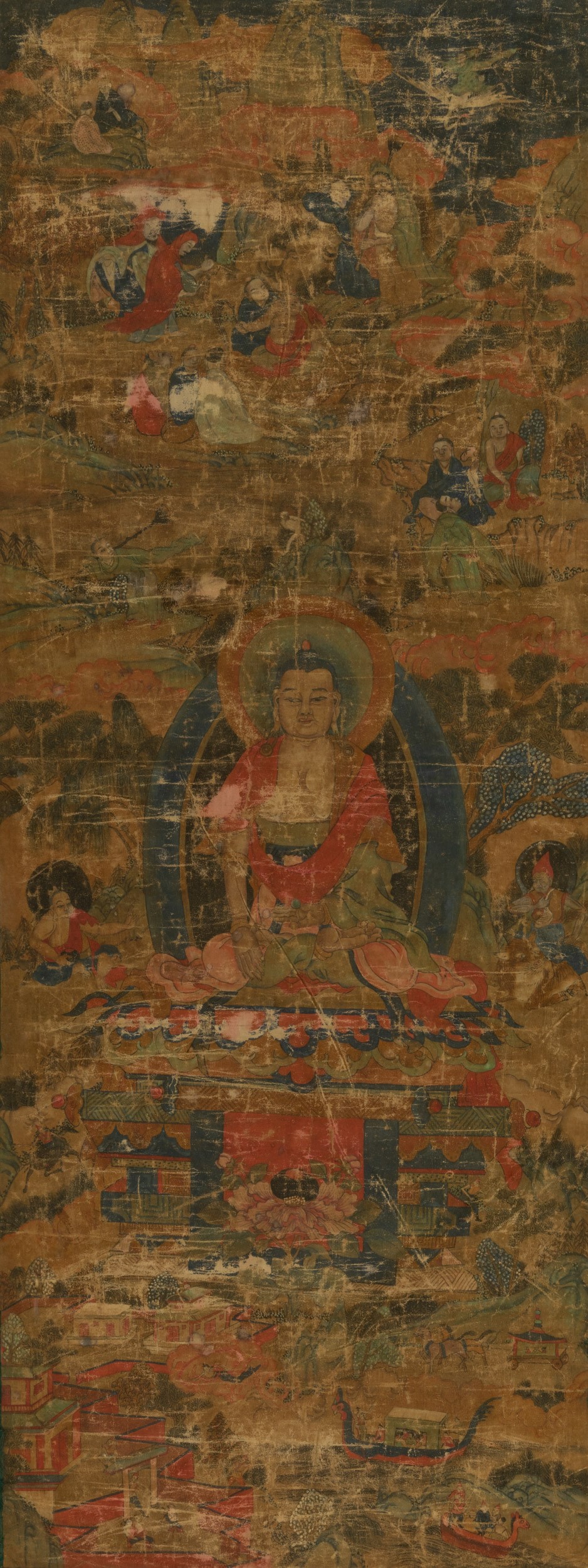 Thangka su Seta con Figura di Buddha Sakyamuni Centrale e Altre Divinità, Tibet, XVIII Secolo