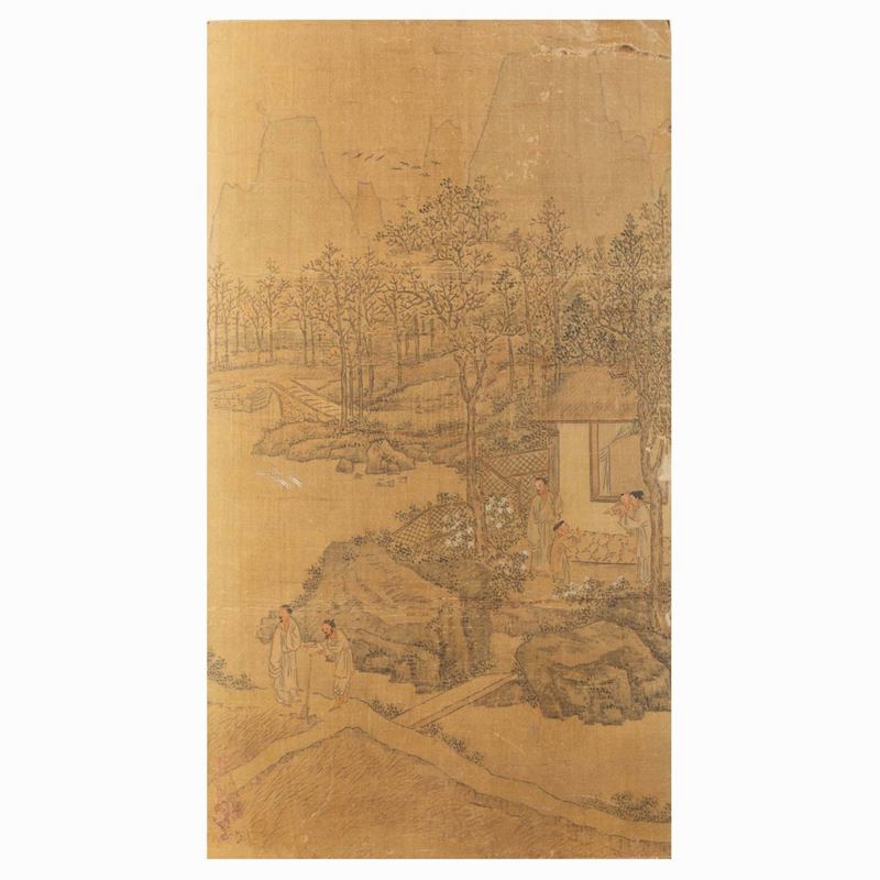 Dipinto su carta raffigurante paesaggio con scena di vita comune, Cina, Dinastia Qing, XIX secolo  - Asta Chinese Works of Art - II - Cambi Casa d'Aste