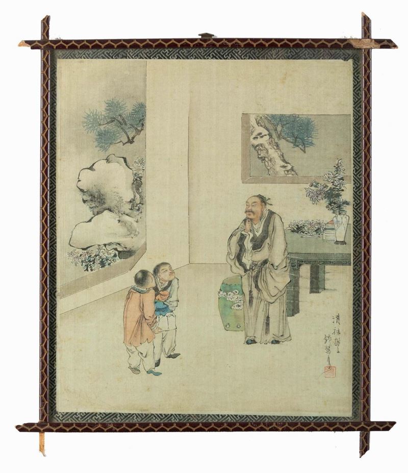 Dipinto su seta raffigurante saggio con discepoli, Cina, Dinastia Qing, XIX secolo  - Asta Chinese Works of Art - II - Cambi Casa d'Aste