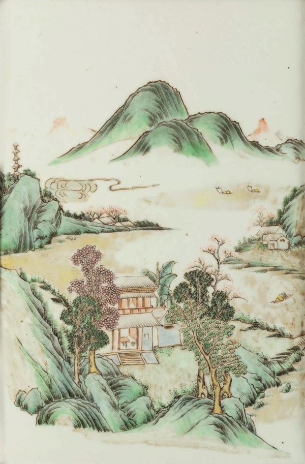 Placca in porcellana raffigurante paesaggio con pagoda, Cina, Dinastia Qing, XIX secolo