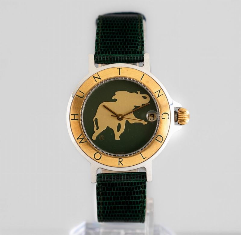 HUNTING WORLD - Orologio svizzero automatico in acciaio con lunetta in oro 18k e quadrante verde militare  - Auction Watches - Cambi Casa d'Aste