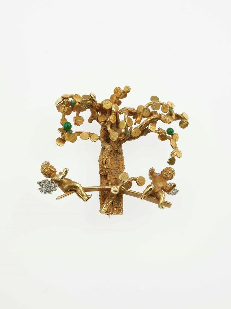Gold, enamel and diamond brooch  - Auction Fine Jewels - Cambi Casa d'Aste