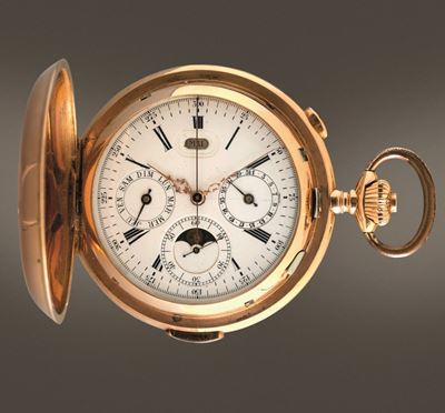 Cronografo da Tasca Savonnette in Oro 18k, con Calendario Completo, Fasi di Luna, e Ripetizione O...