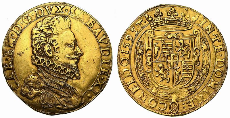 CARLO EMANUELE I. Il Grande (1580-1630). Quadrupla 1595 (III tipo). Torino.  - Auction Numismatics - Cambi Casa d'Aste