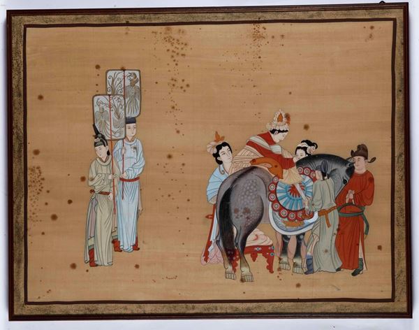 Dipinto su carta raffigurante fanciulla che sale a cavallo, Cina, Dinastia Qing, XIX secolo
