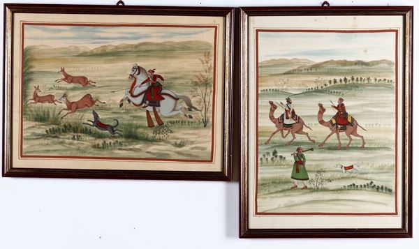 Due dipinti su seta raffiguranti scene di caccia, India, XIX secolo
