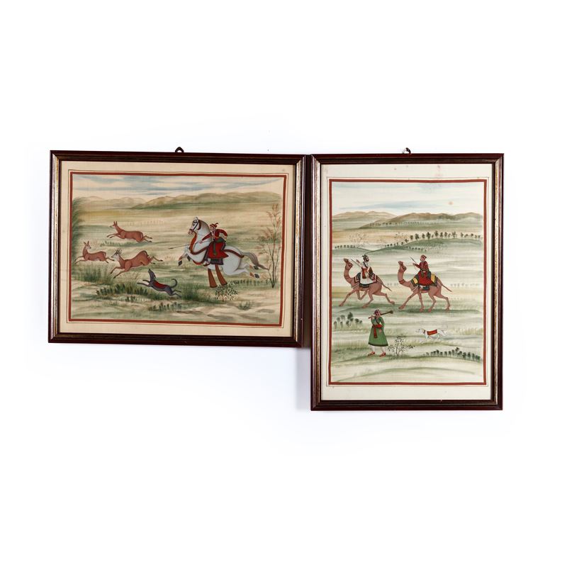 Due dipinti su seta raffiguranti scene di caccia, India, XIX secolo  - Asta Arte Orientale | Cambi Time - Cambi Casa d'Aste