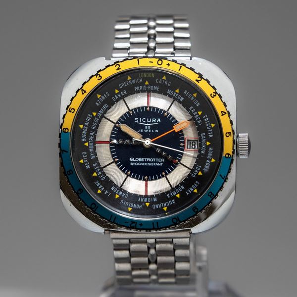 SICURA - Globetrotter, orologio ore del mondo anni '70 con cassa in acciaio oversize