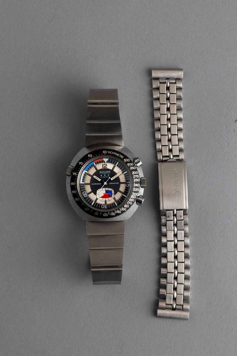 Sicura - Chronographe, Cronografo in Acciaio Anni '70 con Ghiera Girevole Interna e Scala Tachime...