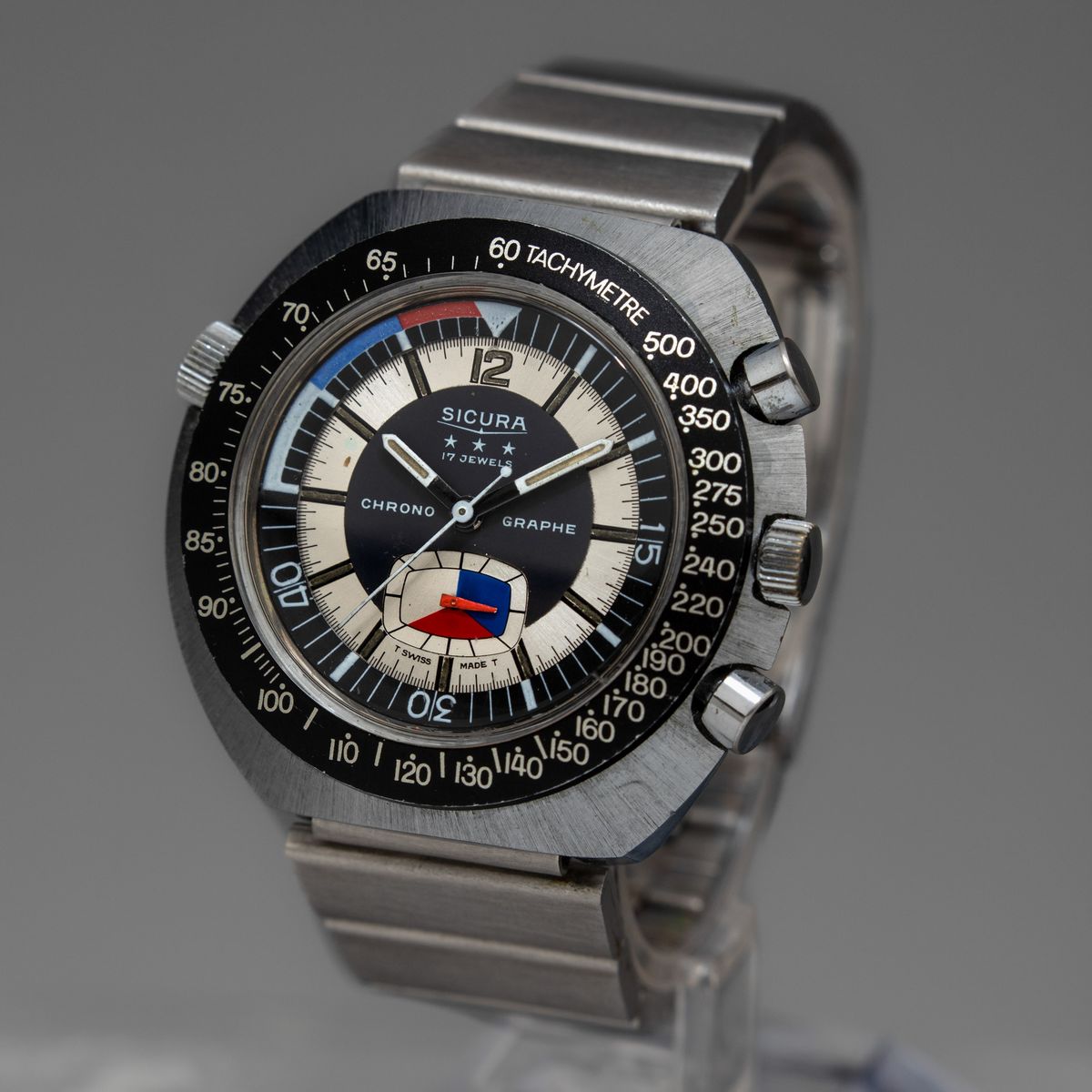 Sicura - Chronographe, Cronografo in Acciaio Anni '70 con Ghiera Girevole Interna e Scala Tachime...