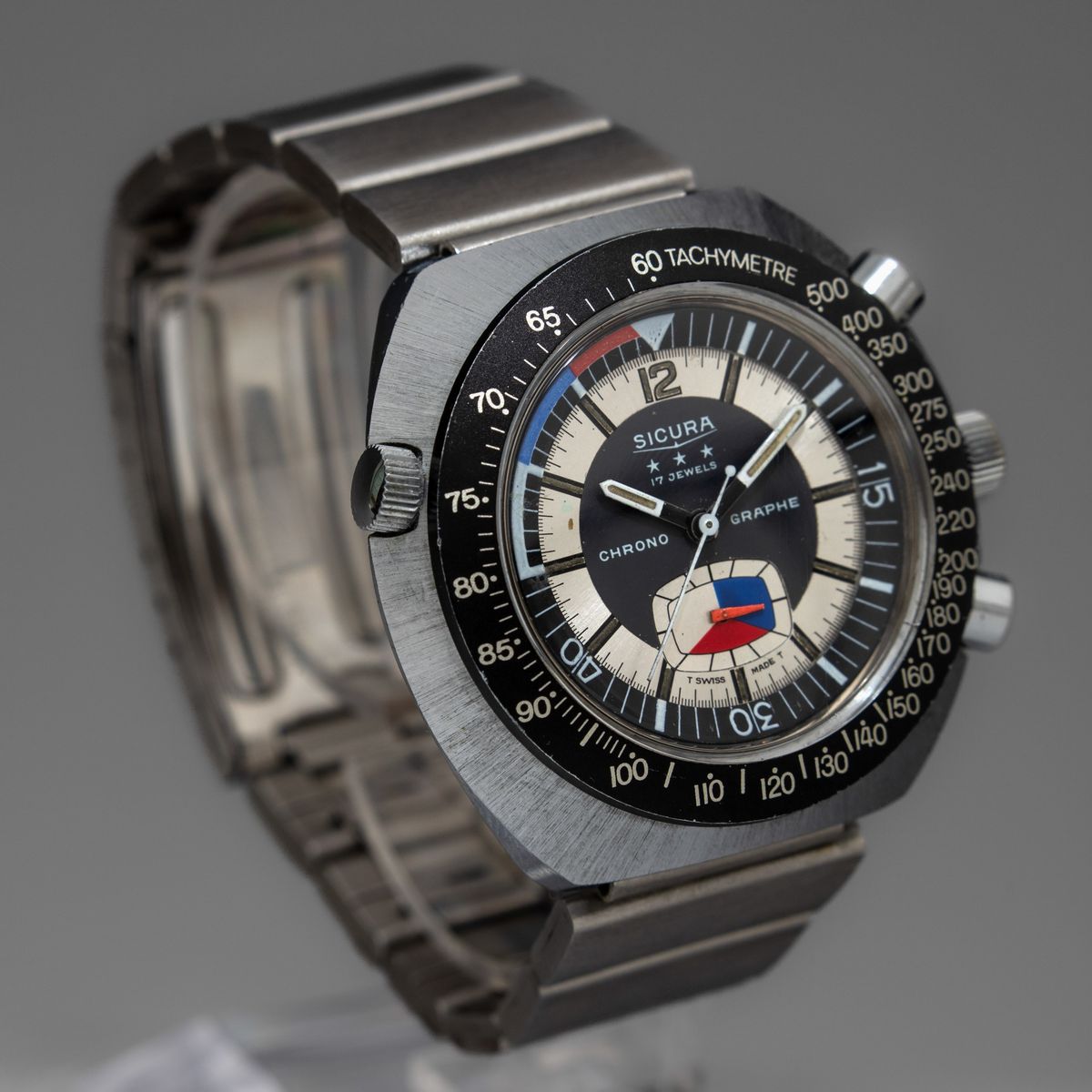 Sicura - Chronographe, Cronografo in Acciaio Anni '70 con Ghiera Girevole Interna e Scala Tachime...
