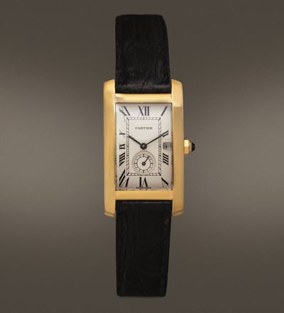 Cartier - Tank Americaine al Quarzo in Oro 18k con Piccoli Secondi al Sei, Chiusura Deployante Ac...